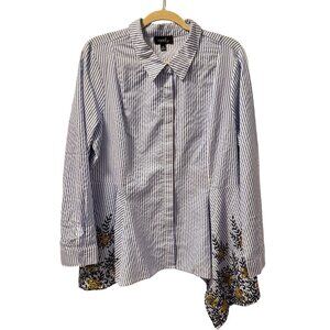 Mod.l X Womens Blue & White Striped Embroidered Floral Button-Up Shirt Sz XL